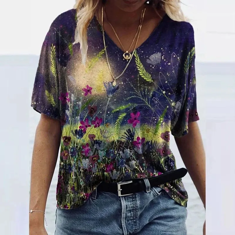 Znbbw 3D Floral Print T-shirts Women Fashion Short Sleeve Loose Tops Casual V-neck High Street Tee Plus Size Top Streetwear - Image 3