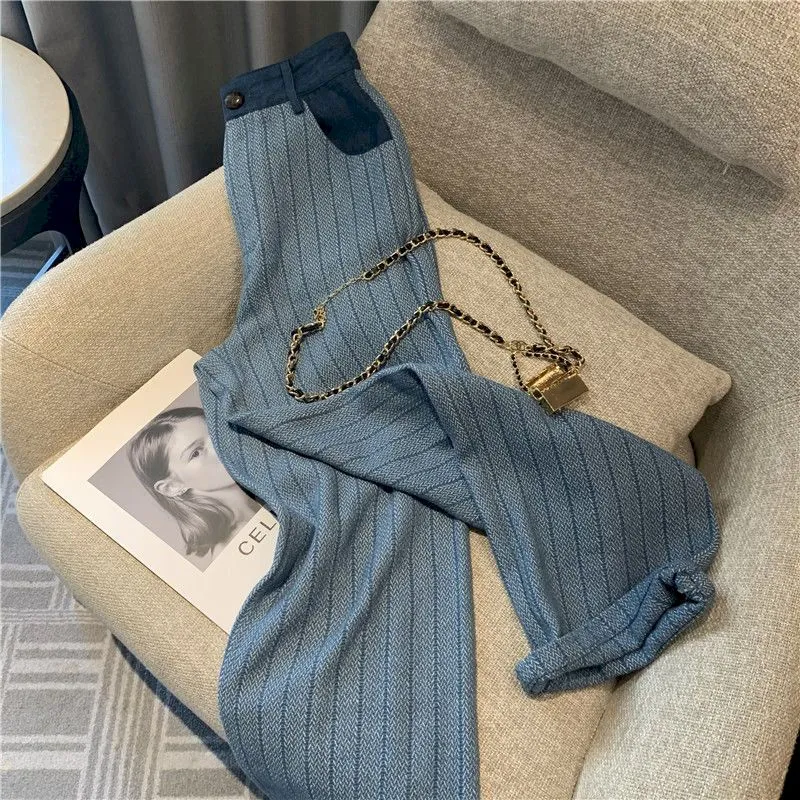 znbbw Women Two-piece Pant Set Imitation Denim Jacket + Wide Leg Long Trousers Casual High Street Fashion Office Lady Autumn 2023 - Image 4