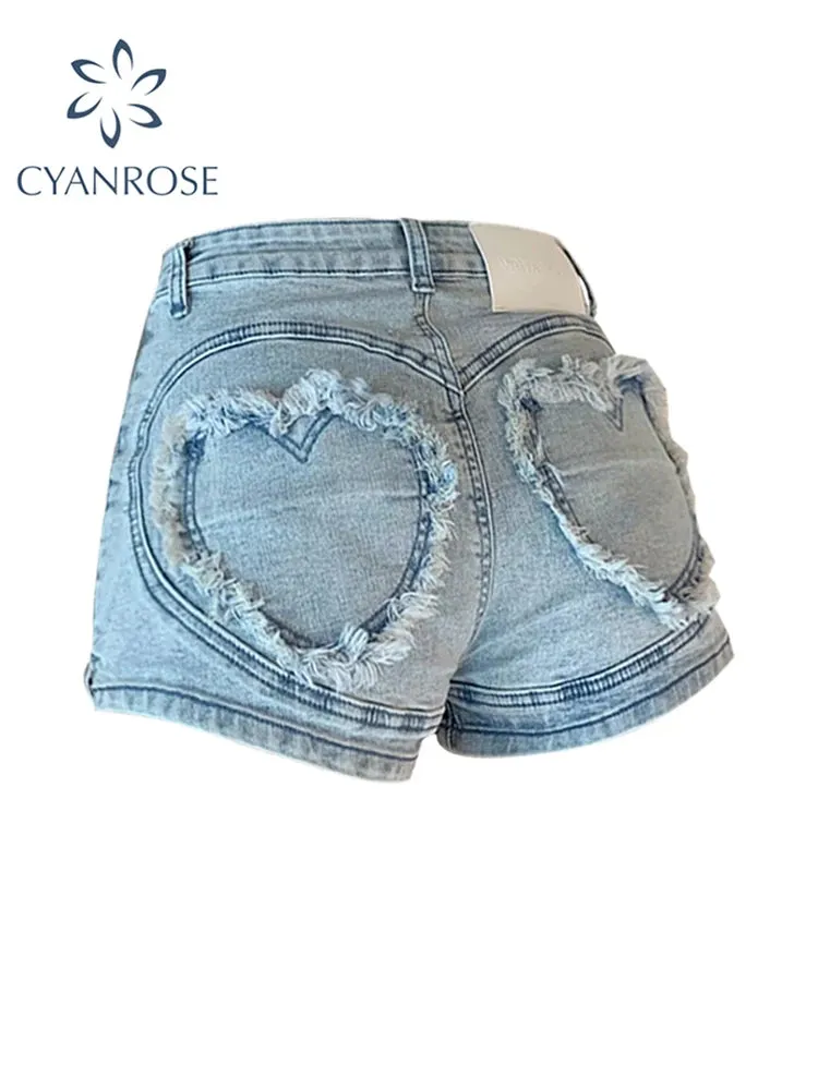 Znbbw Women Jean Shorts 2024 Summer Loose High Waist Blue Baggy Heart Denim Shorts Korean Style Casual Y2k Wide Leg Short Pants Bottom