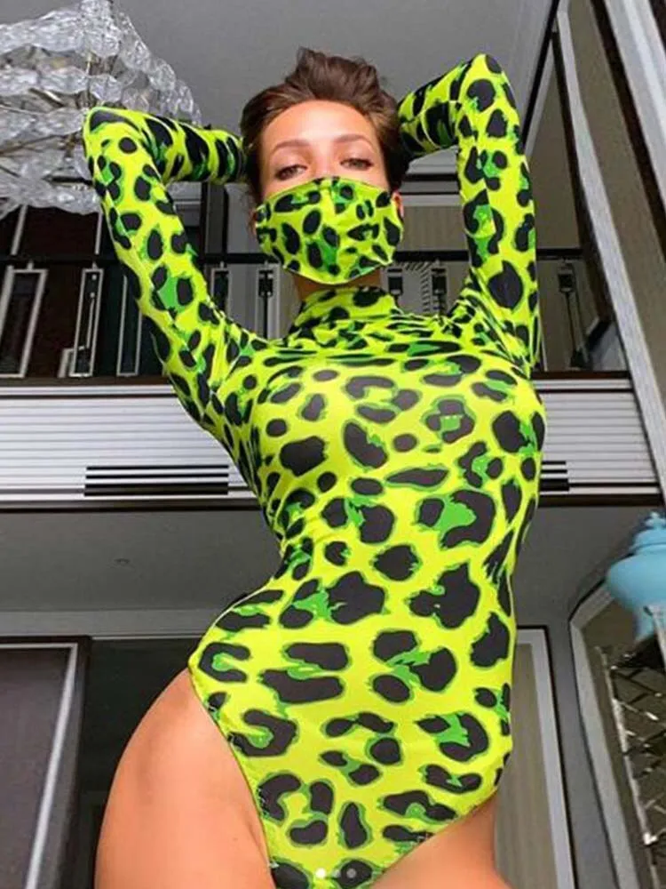 Znbbw Women Long Sleeve Leopard Skin Prinetd Bodysuit Sexy Neon Green Streetwear Jumpsuit Skinny Leopard Tops Fashion Rompers - Image 3