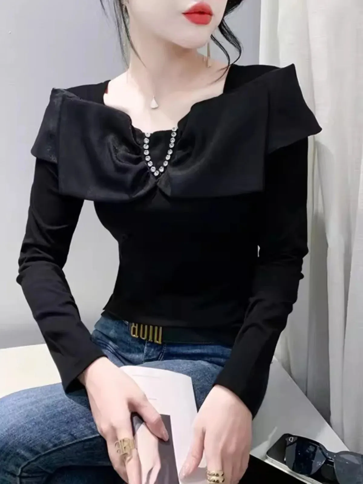 Znbbw Autumn Cotton T-shirt Women's Beading Bowknot Slash Collor TShirts Female Fashion Slim Top HF3011 - Image 2