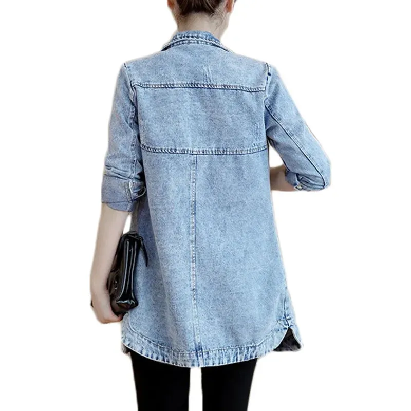 Znbbw Autumn Winter Korean Denim Jacket 5XL Women Slim Long Base Coat Women's Frayed Navy Blue Casual Female Jeans Jackets Coats - Image 6