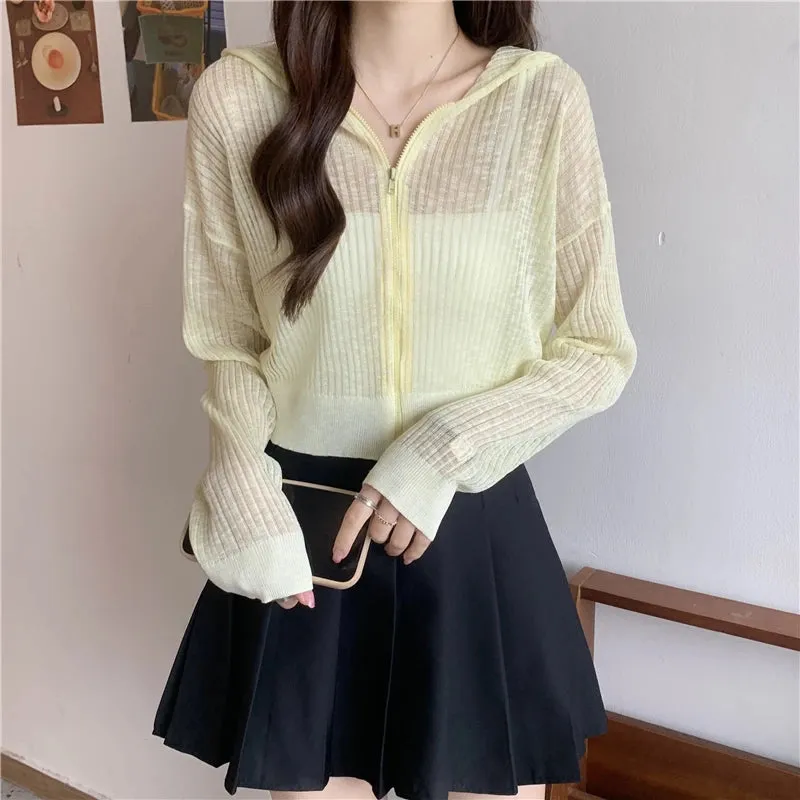 Znbbw Arrival Hoody Knitted Cardigan Girls Summer Thin Transparent Zipper Tee Shirts Women Outerwear Crop Tops - Image 6