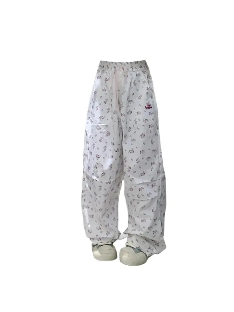 Znbbw Women's White Graphic Print Pants Y2k 2000s High Waist Baggy Trousers Harajuku Wide Leg Parachute Pants Jogger Aesthetic Clothes - Image 2