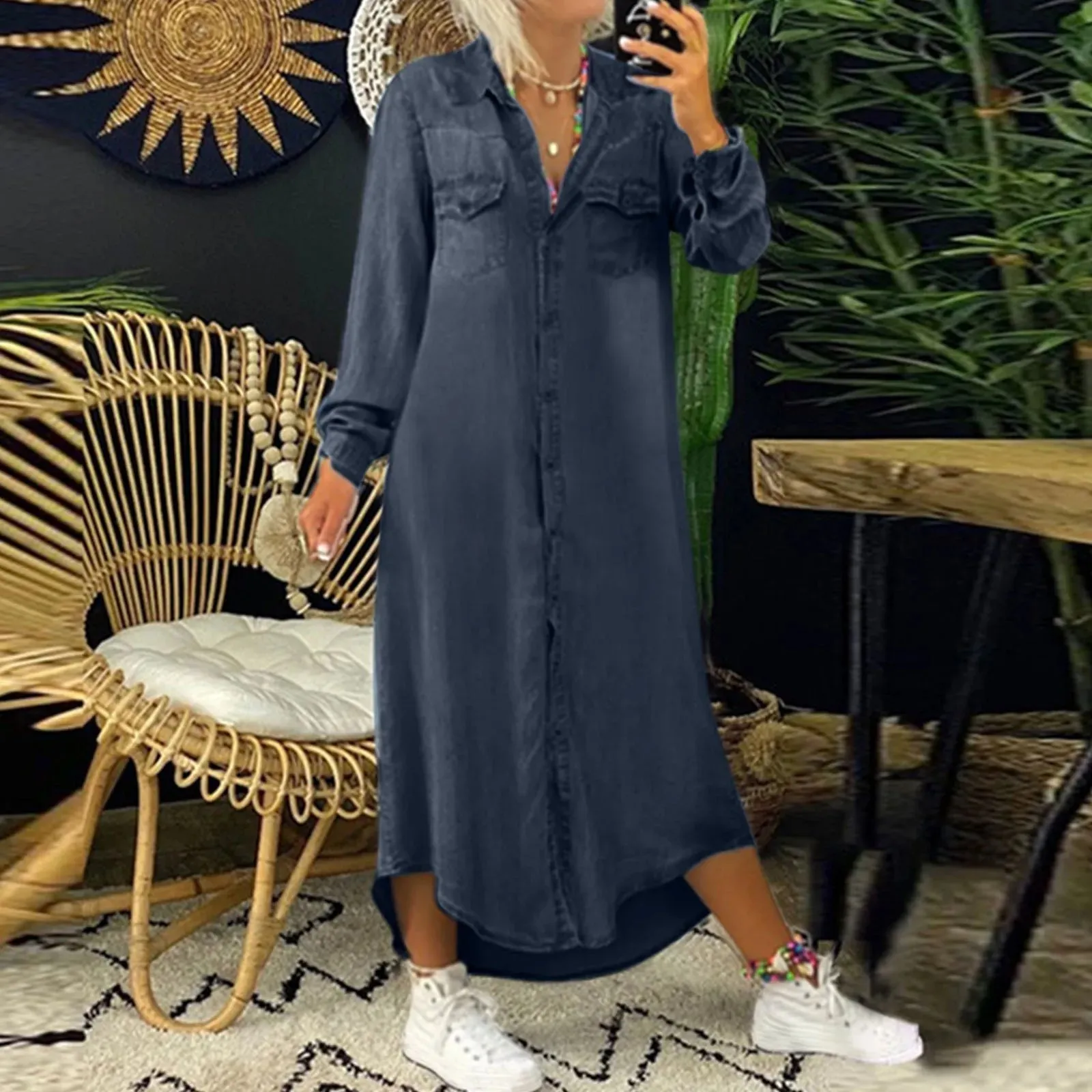 Znbbw Women Vintage Casual Solid Denim Dress Summer Fashion V Neck Long Sleeve Button Pocket Loose Long Maxi Dress Mother Day GIfts - Image 3
