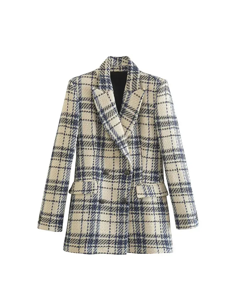 Znbbw Zevity Vintage Tweed Plaid Blazer Suit Office Lady Contrast Colors Double Breasted Commute Autumn TRAF Blazer Women