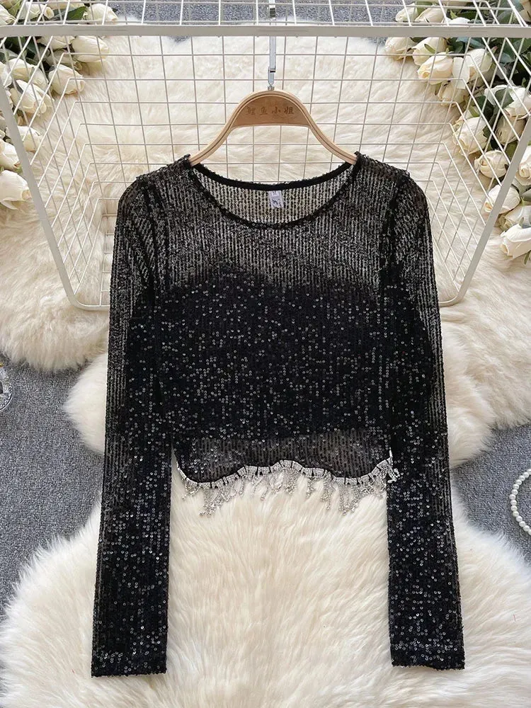 Znbbw Women Spring Autumn Blouse European American Top Design Sense Niche Sequin Base Shirt High-end Tassel Light Luxury Top D5352 - Image 6