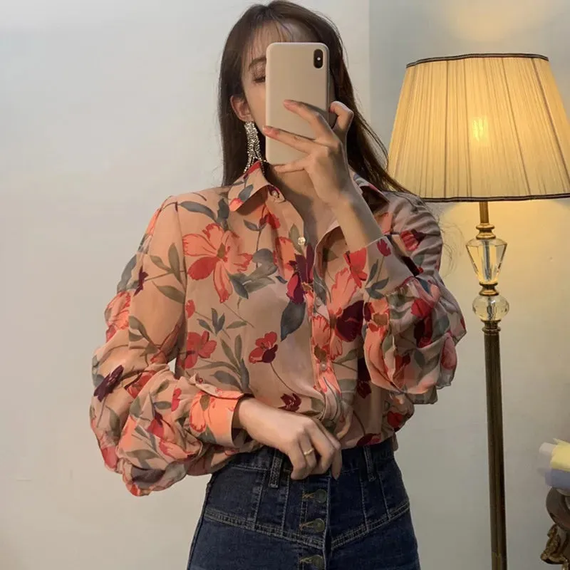 Znbbw Women's Chiffon Shirt Floral Print V-Neck Long Sleeve Fashion Cozy Loose Blouse - Image 3
