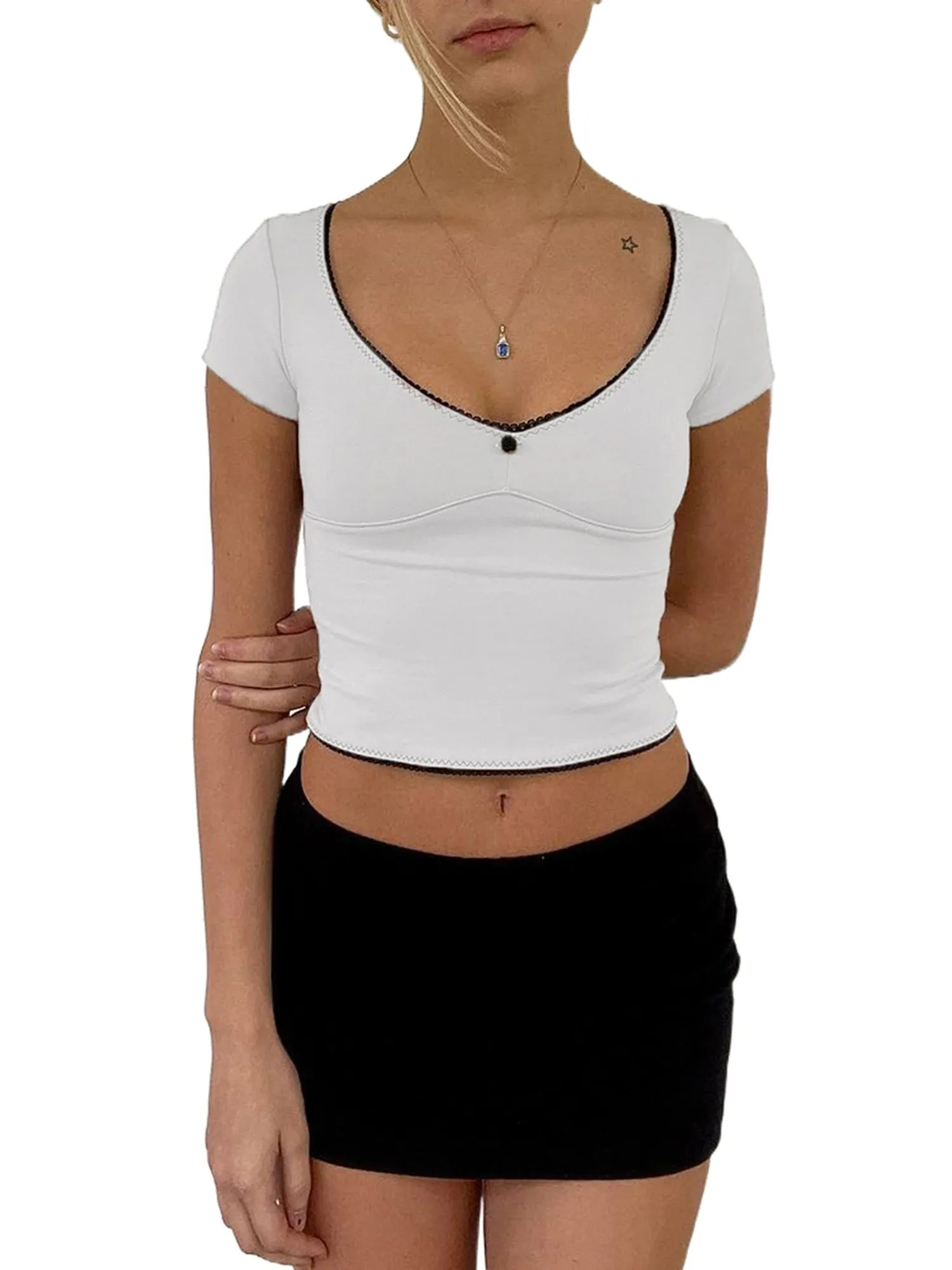 Znbbw Women Y2k 3D Flower Crop Tops Fairy Grunge Short Sleeve T-Shirt Slim Fit Aesthetic T-shirt Tees Summer Vintage Streetwear - Image 8