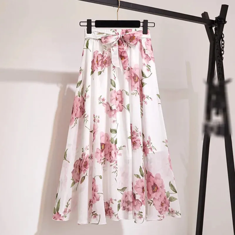 Znbbw Women Long Skirt Summer Beach Sunny Skirts Floral Bow Chiffon High Waist Skirt - Image 7