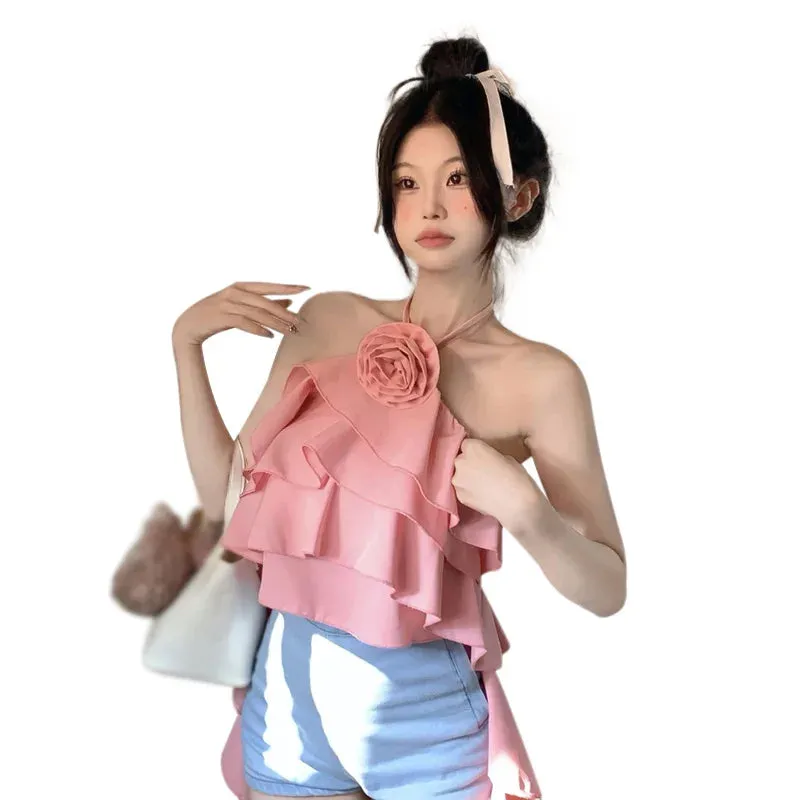 Znbbw Women's Top Women's Vest Ruffle Backless Flowers Versatile Sexy Camisole - Image 8