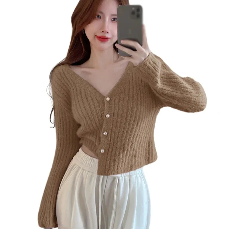 Znbbw Women's Sweater V-neck Temperament Short Style Solid Color Knitted Pearl Buckle Women's Top Sweater - Image 10