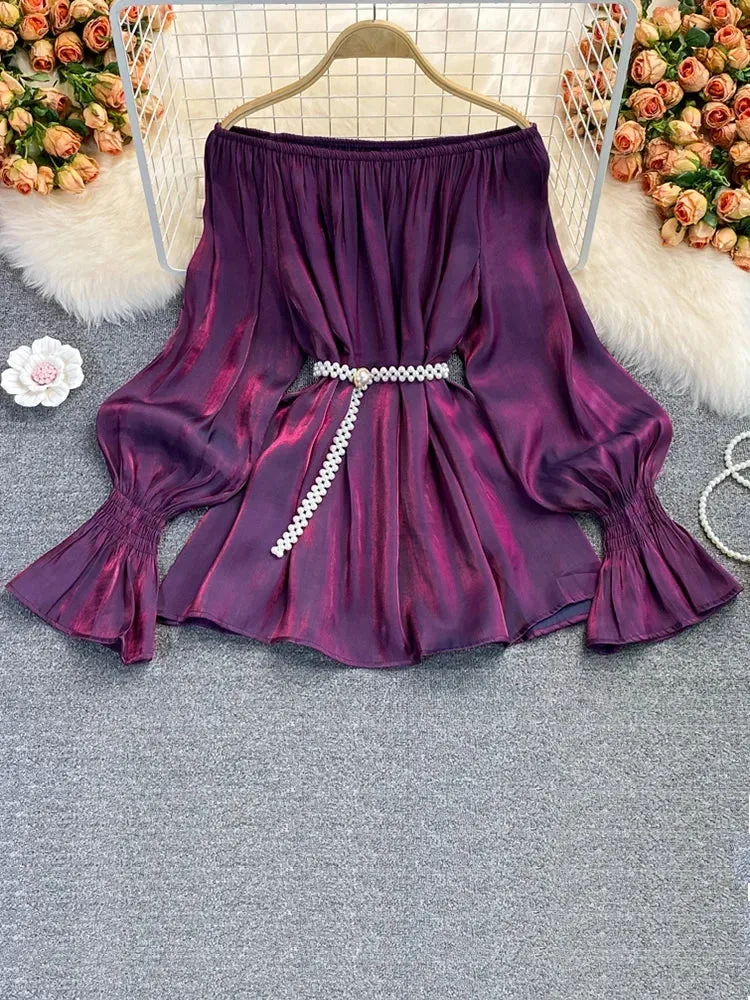 Znbbw Autumn Women's Mid-length Chiffon Blouse with Waistline Neckline Flared Sleeve Shirt Women GD610 - Image 2