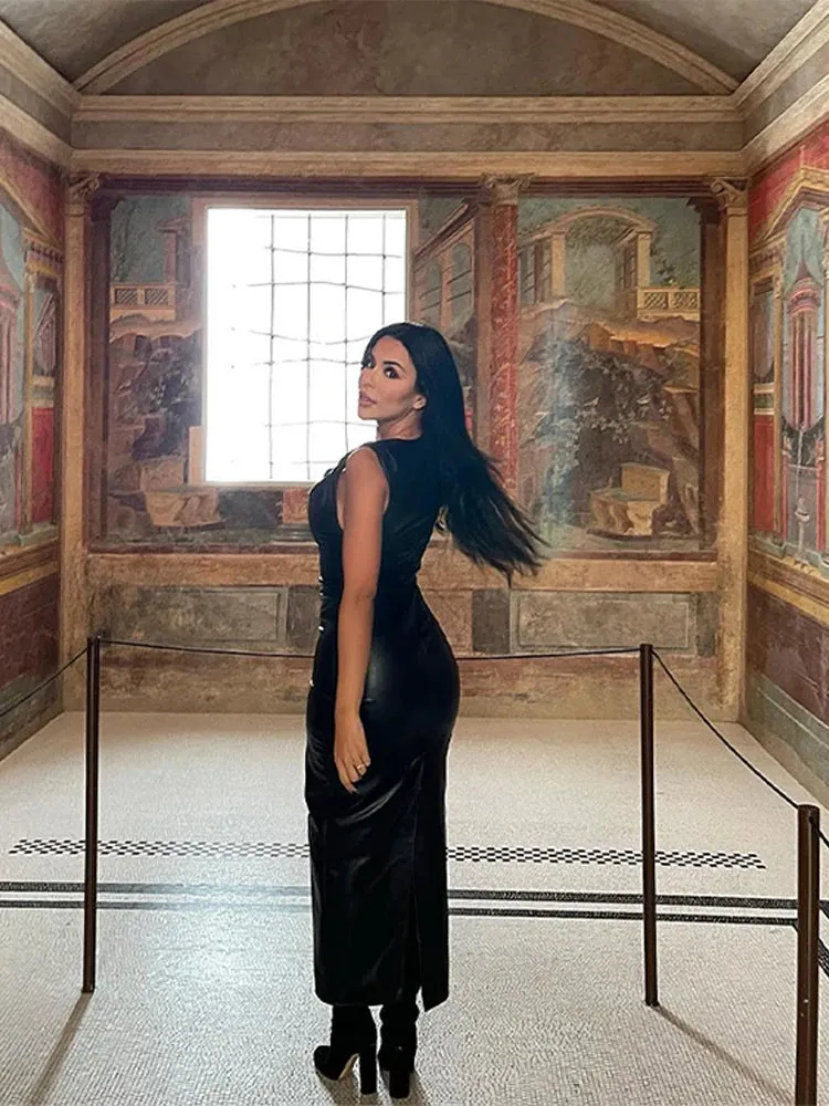 Znbbw Artificial Leather Dress Women Solid Oblique Shoulder Long Skirts Autumn Fashion Female Black Tight-fitting Dresses - Image 3