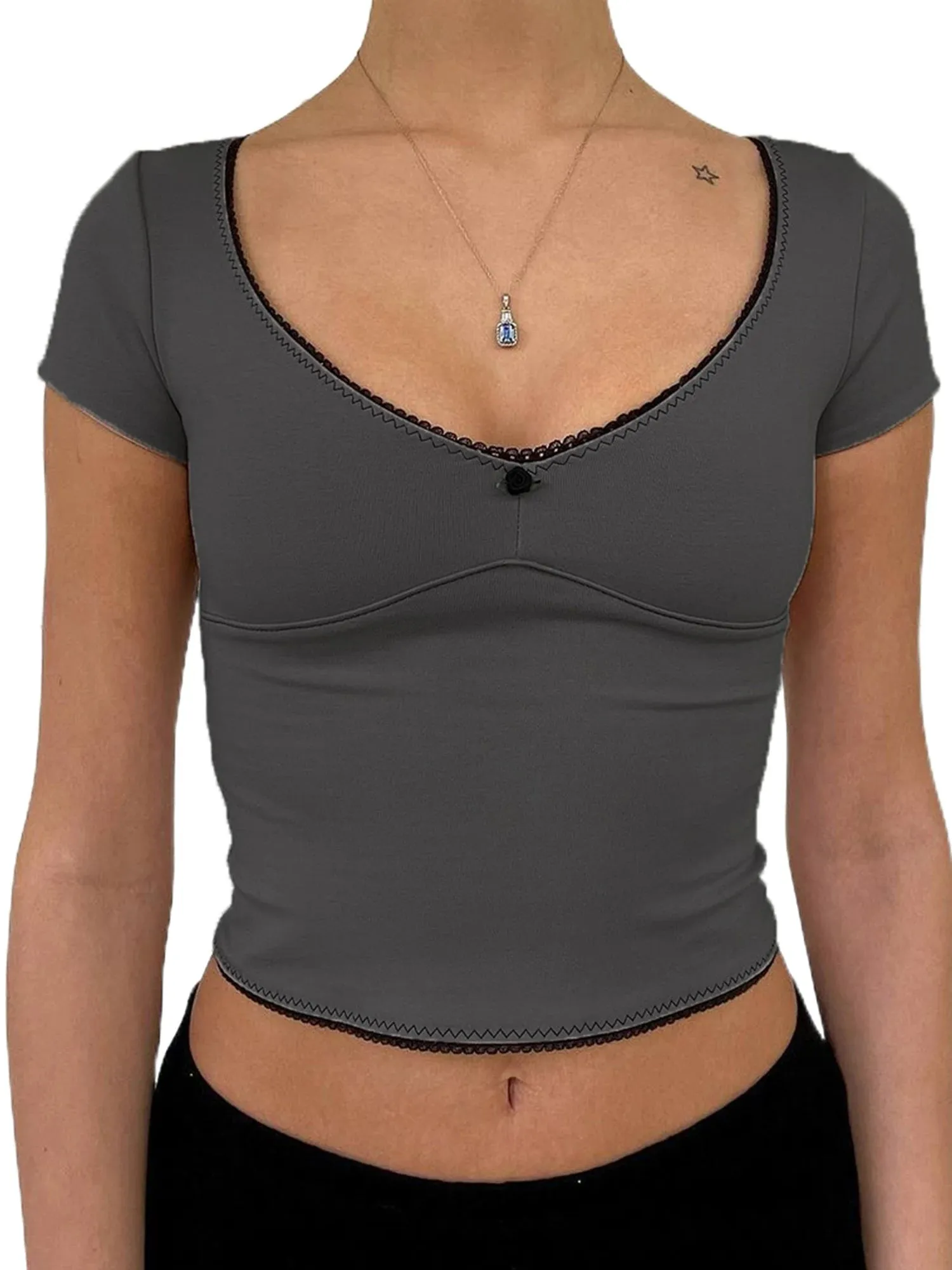 Znbbw Women Y2k 3D Flower Crop Tops Fairy Grunge Short Sleeve T-Shirt Slim Fit Aesthetic T-shirt Tees Summer Vintage Streetwear - Image 9