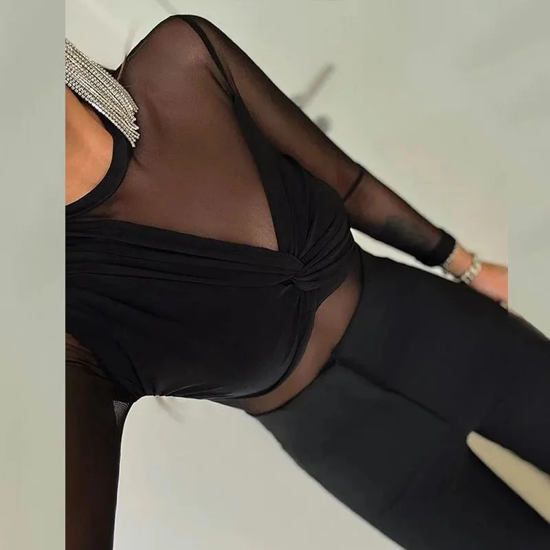 Znbbw Women Two Piece Set Autumn Winter Trasparent Sexy Patchwork O Neck Long Sleeve Top Solid Bodycon Pants Set Streetwear - Image 3