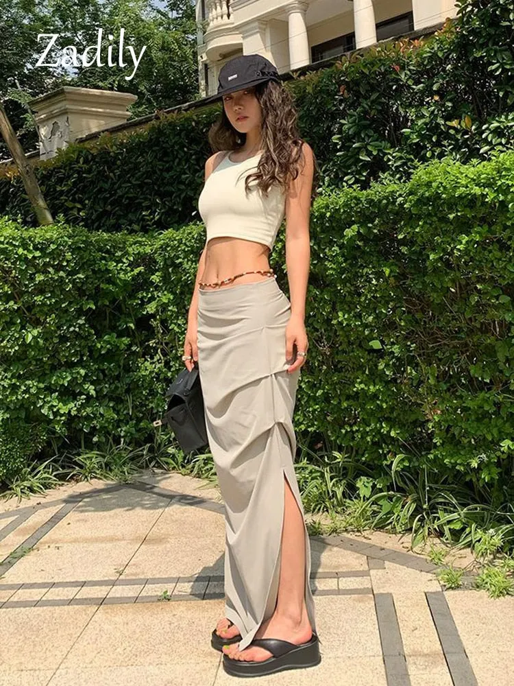 znbbw 2023 Summer Streetwear High Waist Black Long Skirt Korea Style A-Line Split Folds Woman Skirt Casual Ladies Skirts - Image 5
