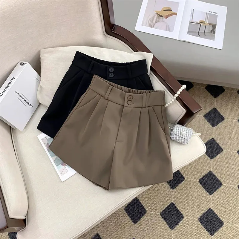Znbbw Women High Waist Suit Shorts Summer Casual All Match Loose Shorts Y2K Female Korean Solid Button Wide Leg Pants New