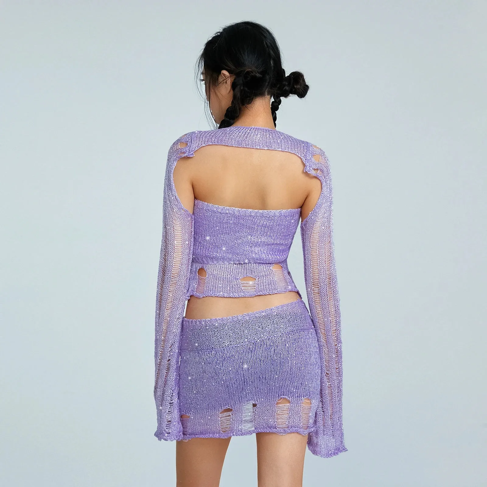 Znbbw Women Sequins Crochet Knit 2 Piece Skirts Sets Hollow Out Knitted Crop Tops Bodycon Mini Skirt Set Beach Vacation Outfits - Image 3