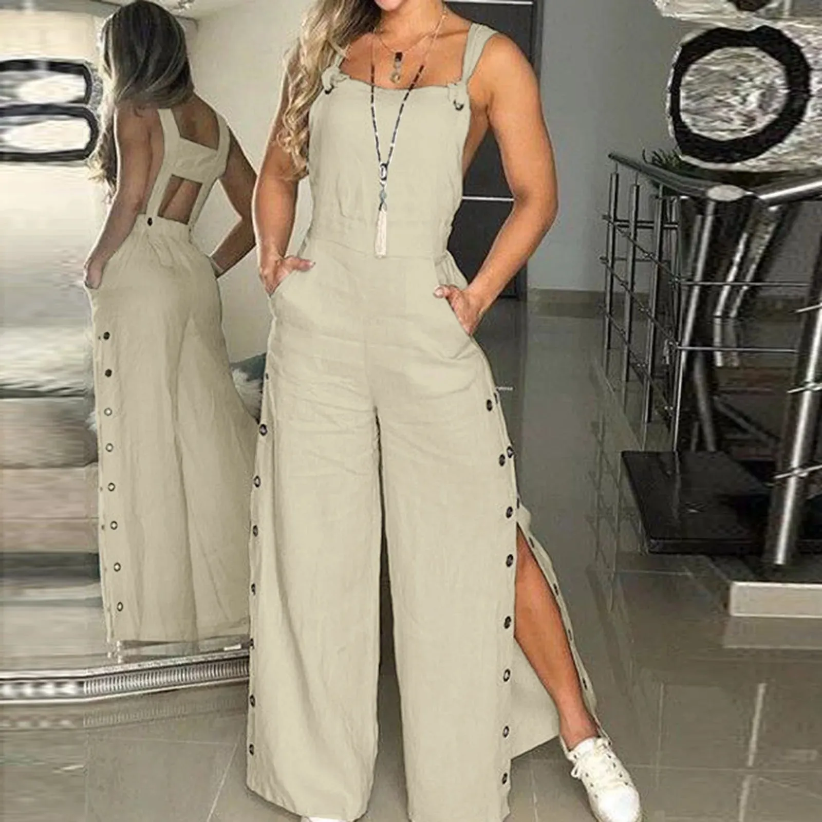 Znbbw Women's Summer Fashion Sleeveless Jumpsuits Elegant Twisted Knot Cotton Linen Wide Leg Pant Rompers Loose Womens Jumpsuit - Image 2