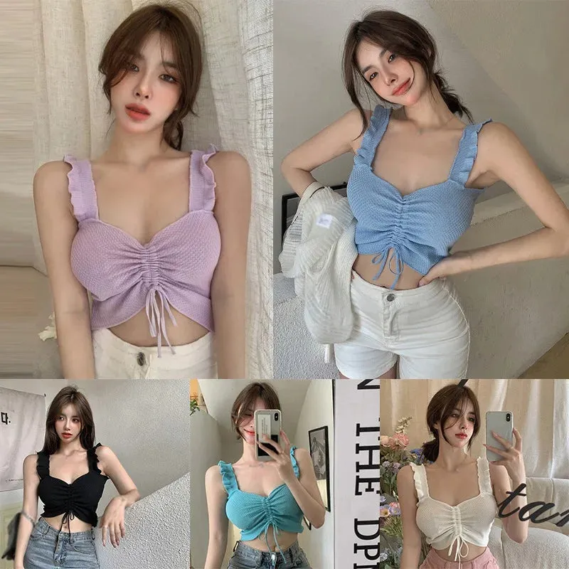 Znbbw Women's Korean V-neck Tank Top Drawstring Slim Fit Sexy Open Umbilical Knitted Strap Tank Top - Image 4