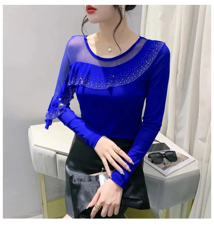 Znbbw Autumn Ringstones Ruffles Long Sleeve Mesh T-shirt Tee New Female Round Collar Sheath Tops T-shirts for women - Image 3