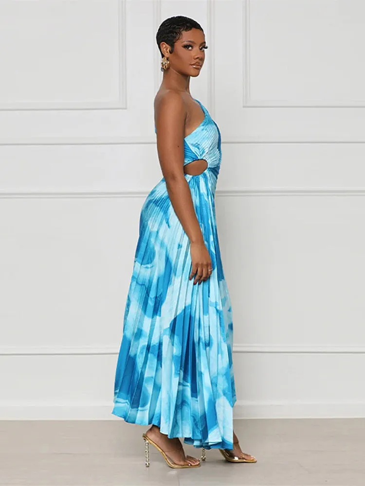 Znbbw Women Printing Single Shoulder A Line Midi Dresses Lady Vintage Hellow Out Long Dress 2023 Fashion Pressed Pleat Streetwear - Image 3