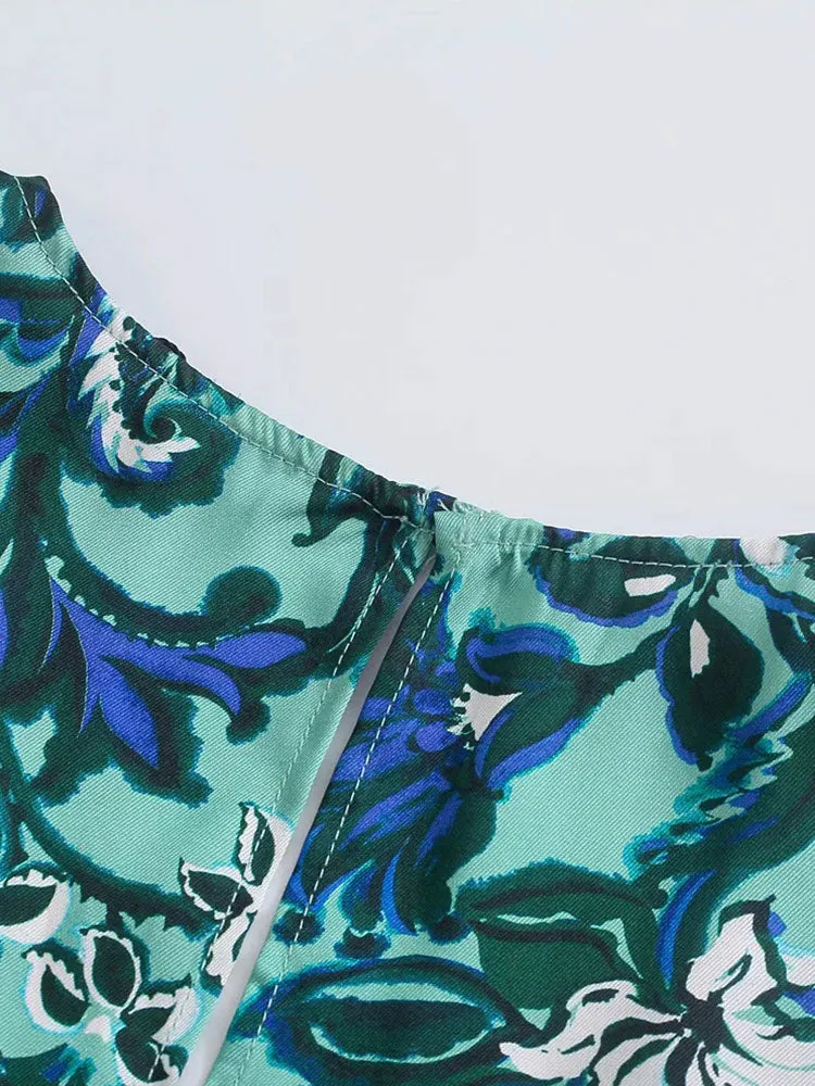 Znbbw ZBZA Women 2023 Vintage Half Sleeve Green Floral Print Jumpsuits Chic Ladies Zipper Design Casual Sashes Rompers 202308 - Image 3