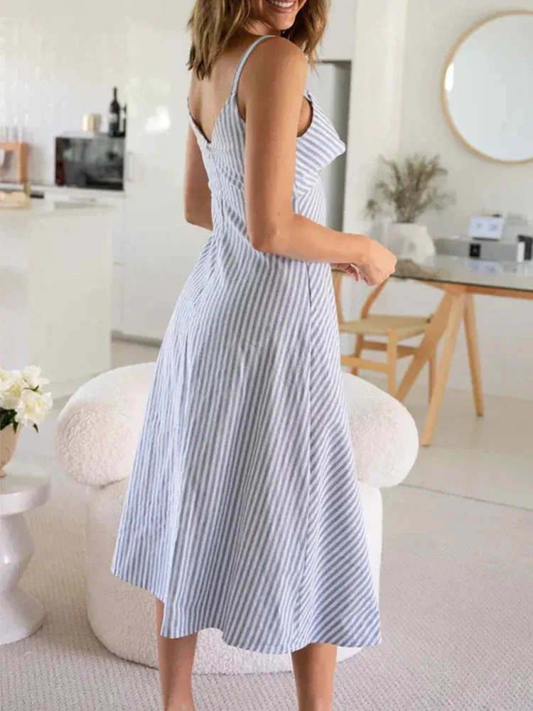 Znbbw Back Zip Blue Striped Casual Women Summer Dress Vestidos 2024 Spaghetti Strap Sleeveless Midi Long Dress Robe Sundress - Image 4