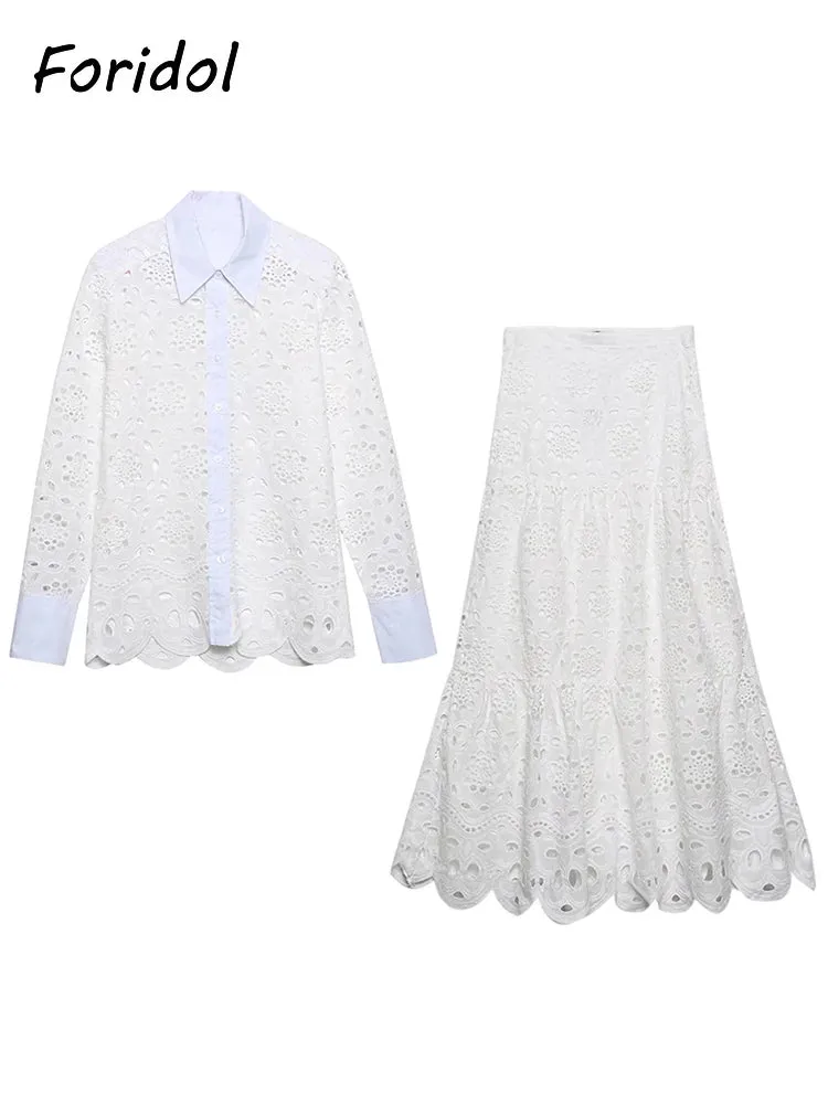 Znbbw Women Summer White Lace Dress Set Hollow Out Embroidery Shirt Skirt 2 Pcs Robe Outfits Single Breasting Cotton Maxi Dress - Image 6