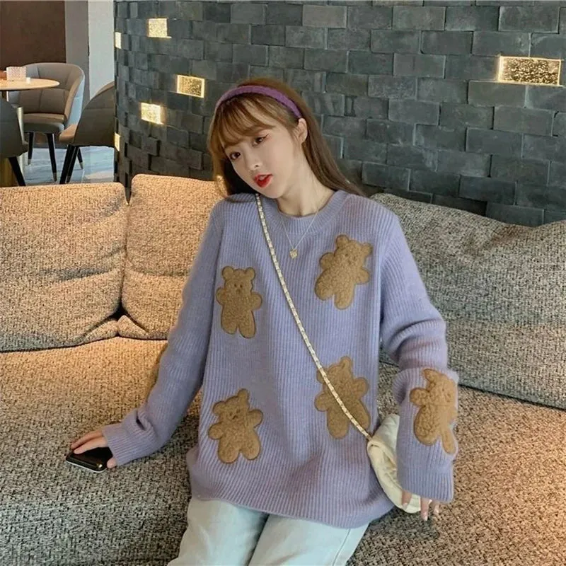 Znbbw Cartoon Bear Sweater Women Cute Knitted Pullovers Japanese Harajuku Oversized Knitwears Korean Loose Casual Jumper Tops - Image 6