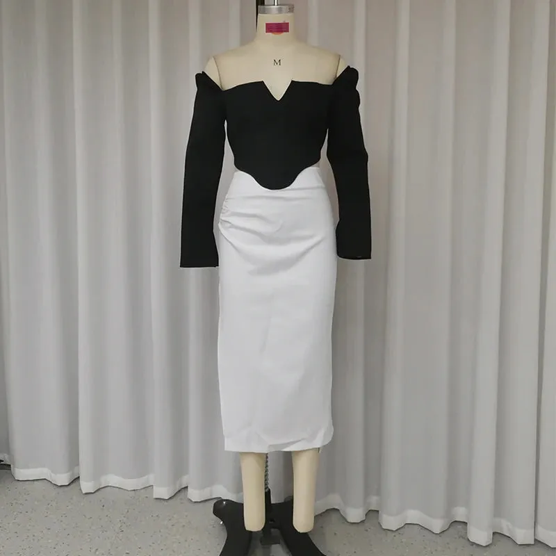 Znbbw 2 Piece Set Women Fashion Sexy Solid Long Sleeve Off Shoulder Tube Top A-Line Slit Irregular Slim Long Skirt Sets - Image 3