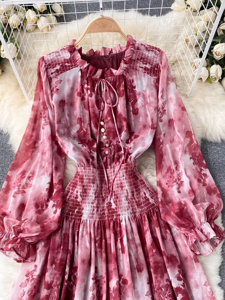 Znbbw Women Spring Autumn Winter Dress High Class Elegant Printing French Style Slim Bubble Sleeve Super Fairy Long Vestidos D2423 - Image 3