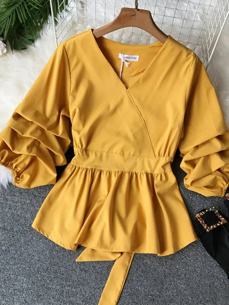 Znbbw Women's Spring Summer Shirt Top New Fashion Shirt V-neck Three Quarter Bow Lacing Waist Pleated Top Shirt Blouse ML831 - Image 8