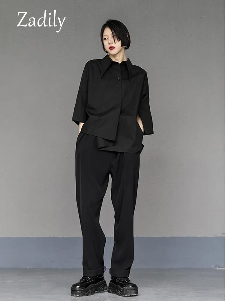 znbbw 2023 Summer New Half Sleeve Oversize Gothic Shirt Women Y2K Asymmetrical Black Button Ladies Blouse Street Clothing Tops - Image 5