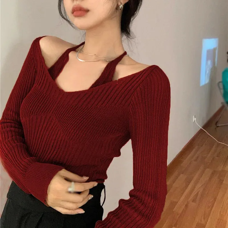 Znbbw Womens Knit Sweater Long Sleeve Off Shoulder Halter Neck Tops Sexy Pullover Casual Loose Blouse Jumper Sweaters - Image 9