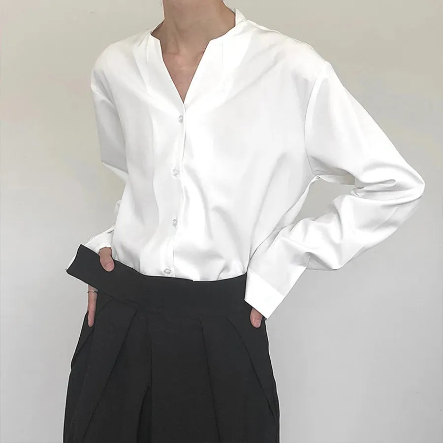 Znbbw Autumn Men Shirt Casual Loose Long Sleeve V-Neck Shirts Streetwear Vintage Fashion Blouses Office Daily Clothing - Image 4