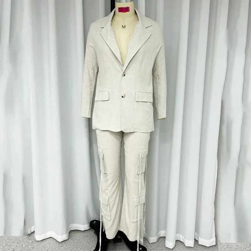 Znbbw Women Two Piece Set Autumn Fashion Solid Lapel Long Sleeve Loose Coat Top Casual With Pockets Cargo Pants Sets Streetwear - Image 4