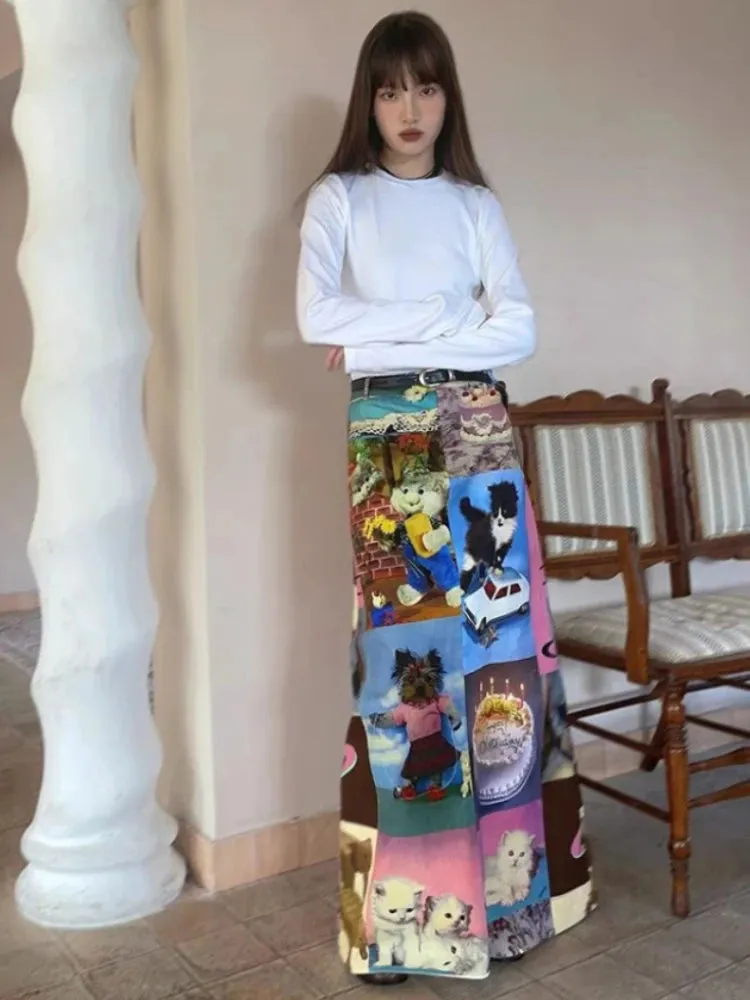 Znbbw Aesthetics Skirts for Women Cartoon Print High Waist Long Skirt Spring Summer Fashion Cute All Match Vintage Clothing