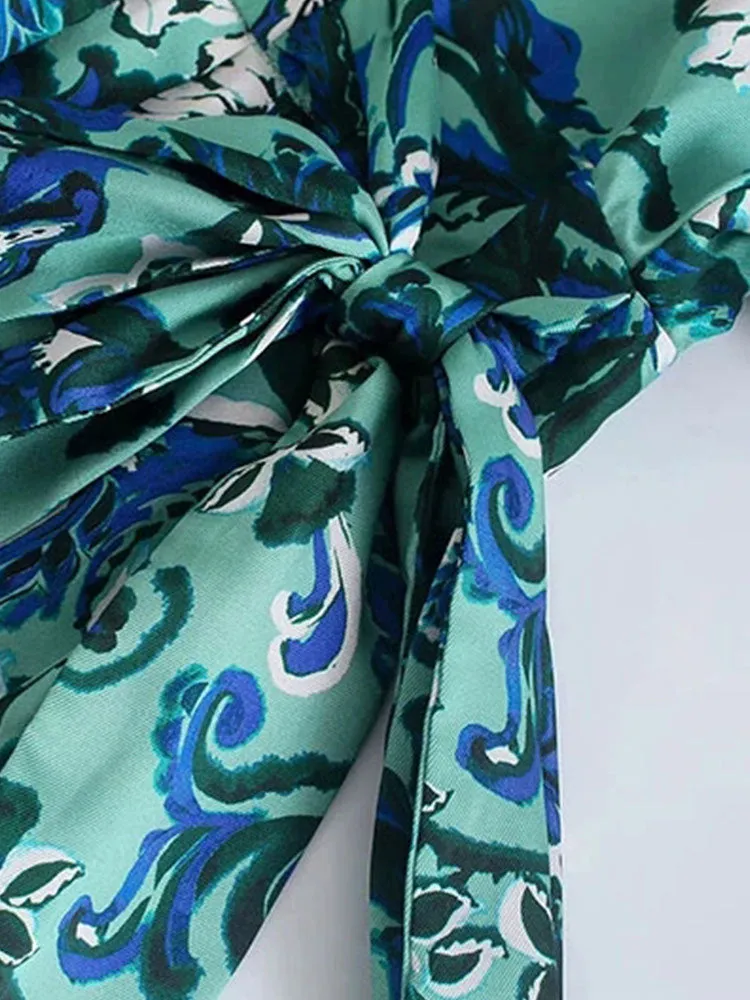 Znbbw ZBZA Women 2023 Vintage Half Sleeve Green Floral Print Jumpsuits Chic Ladies Zipper Design Casual Sashes Rompers 202308 - Image 7