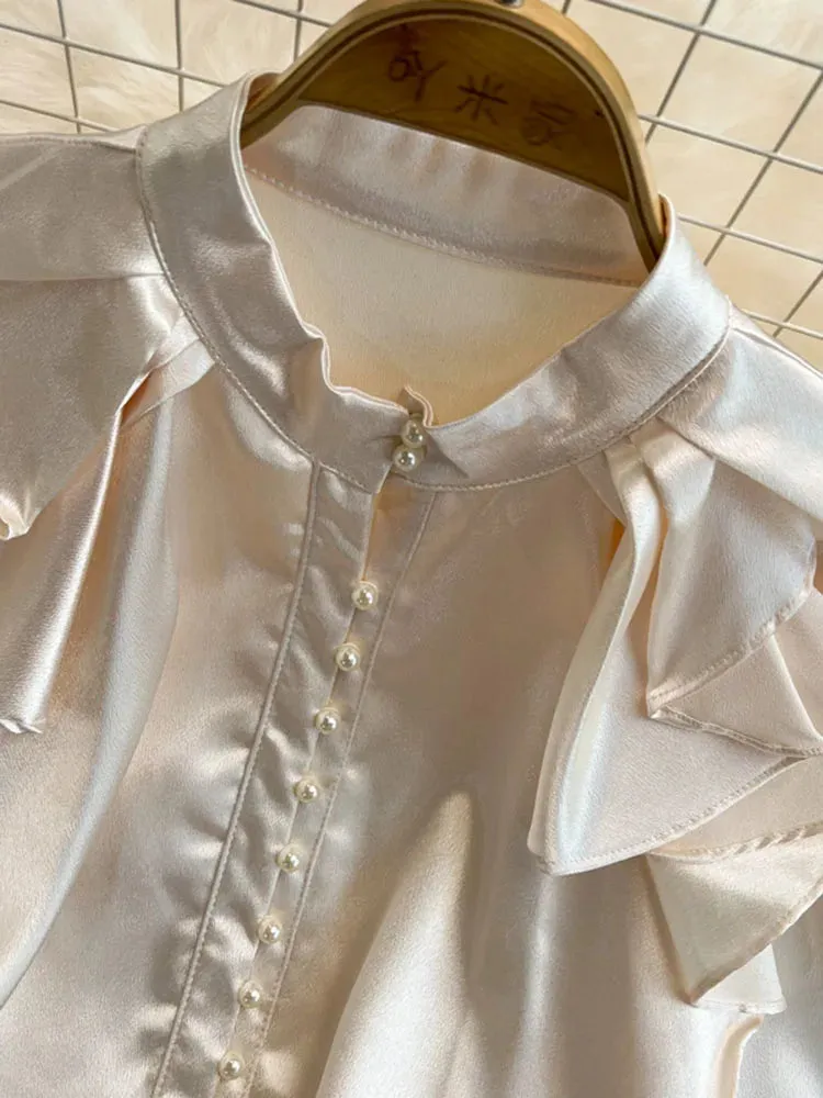 Znbbw Women New Spring Autumn Ruffled O-Neck Embroidered Flares Blouses Buttoned Ladies Temperament Trumpet Sleeves Shirt Tops D0489 - Image 2