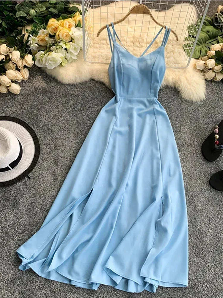 Znbbw Women's Holiday Long Dress Cross Sling Backless Solid Color Dress Beach Style Sexy Split Swing Dress Women Purple Dreess GD356 - Image 3