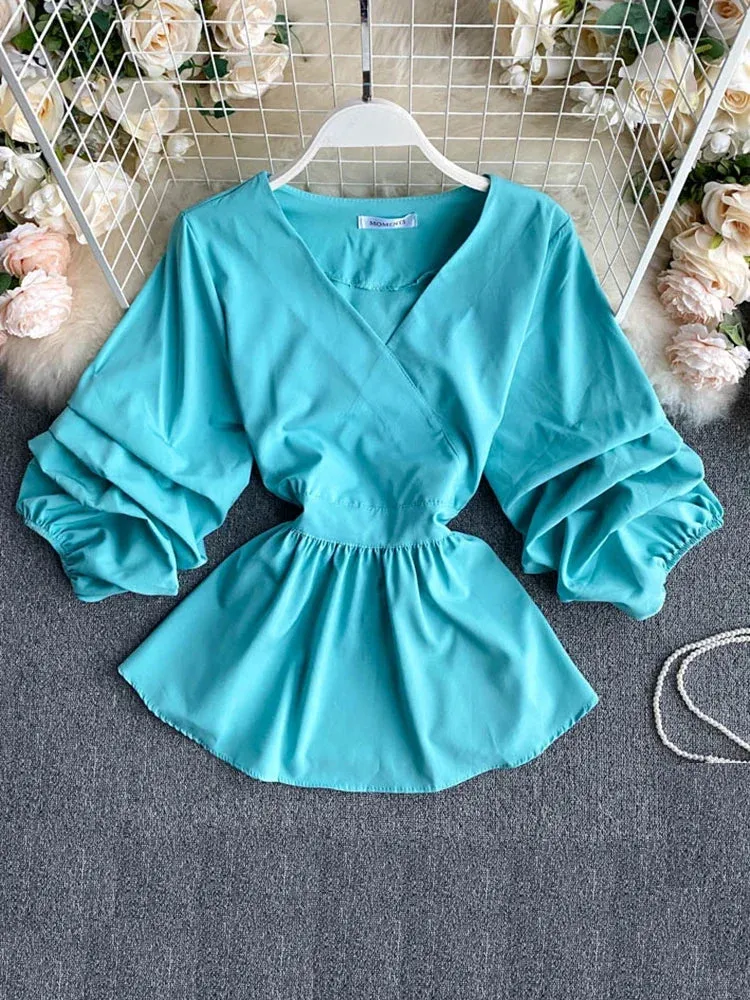 Znbbw Women's Spring Summer Shirt Top New Fashion Shirt V-neck Three Quarter Bow Lacing Waist Pleated Top Shirt Blouse ML831 - Image 4