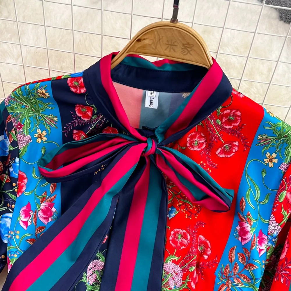 Znbbw Women's O Neck Long Sleeves Bow Detailing Fixed Pattern Floral Printed Striped Pleated Elegant Midi Runway Dress - Image 2