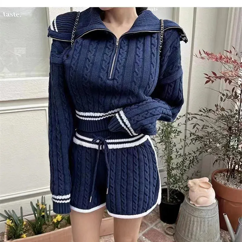 Znbbw Women Twist Knit 2 Piece Set Korean Fashion Zipper Loose Long Sleeve Tops Casual All Match Female High Waist Shorts Sets - Image 5