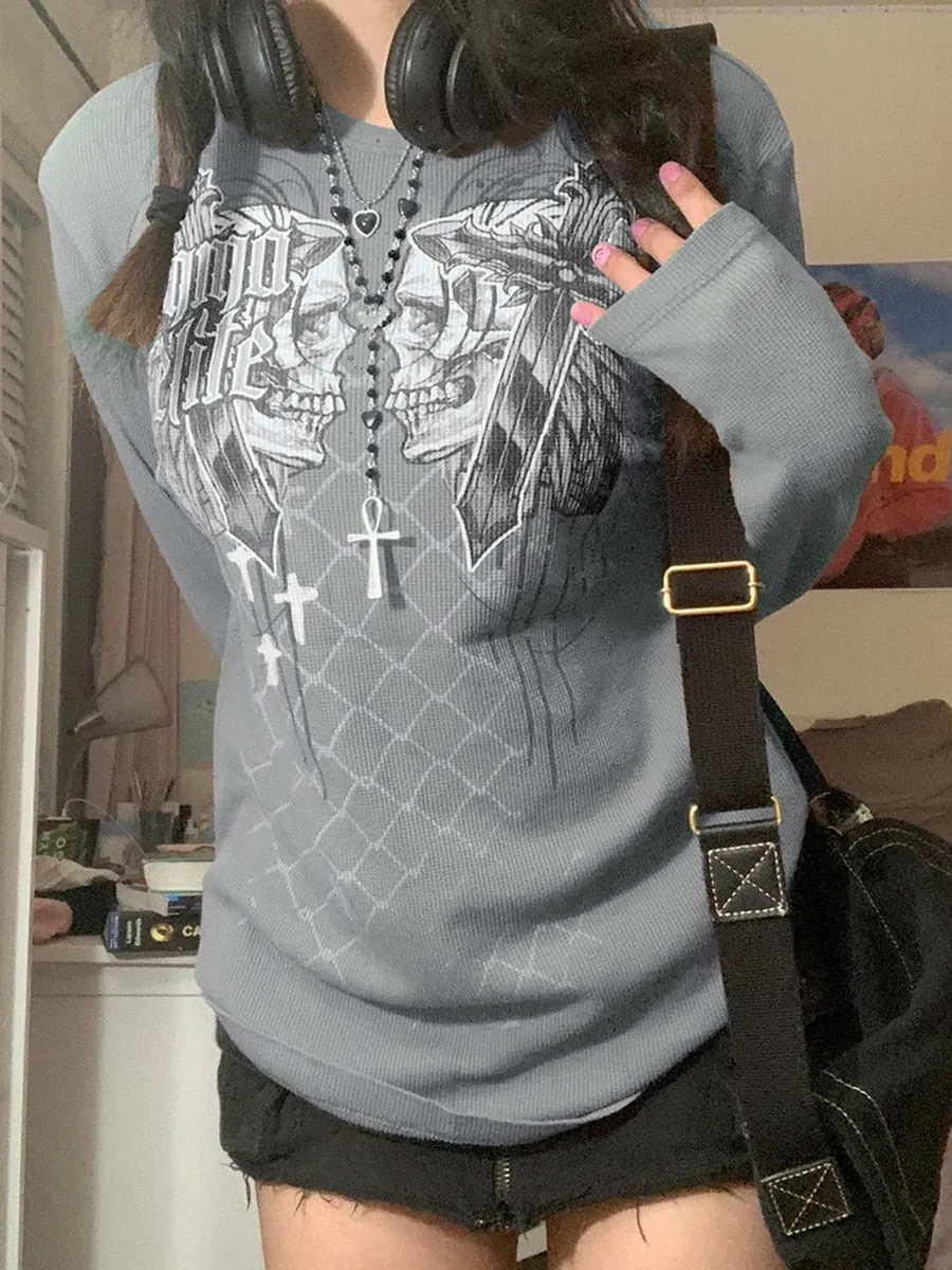 Znbbw Women Retro Skull Plaid Printed Long Sleeve Tshirts Fairycore Grunge Tee Vintage Y2K 2000S Aesthetic Tops Shirts Streetwear - Image 3