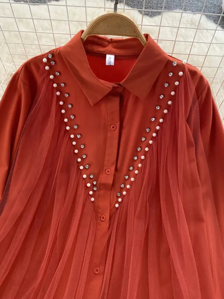 Znbbw Autumn High-end Mesh Gauze Studded Beads POLO Collar Dress Female Cold Wind White Temperament Shirt Top Women Blouse D1489 - Image 6