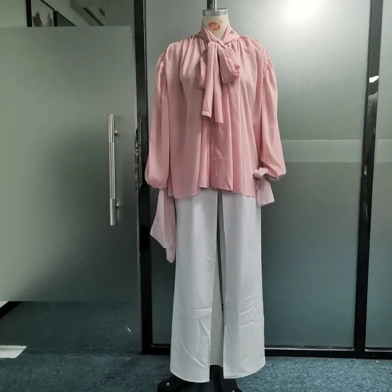 Znbbw Women Two Piece Set Summer Fashion Elegant Lace Up Long Sleeve Top Casual Loose Wide Legs Pants Sets High Streetwear - Image 4