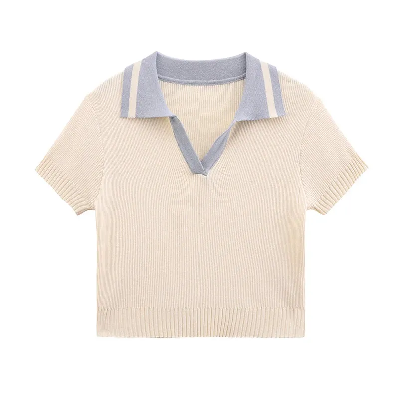 Znbbw Women's Tops Korean Version Contrast Color Turndown Collar Casual  Versatile Short-Sleeved  Tee T Shirt - Image 2