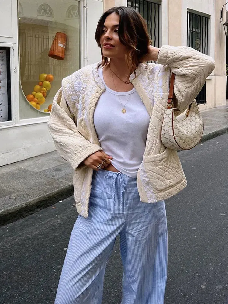 Znbbw Women White Print Patchwork Short Jackets With Pockets Long Sleeve Thick Warm Overcoat Female Elegant Streetwear Tops 2023 - Image 2